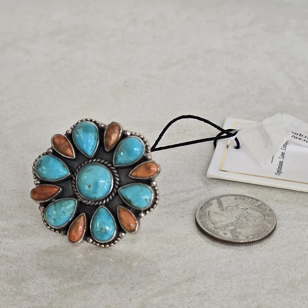 Large Sterling Silver Mohave Blue & Orange Turquoise Cluster Floral Ring 7 NWT